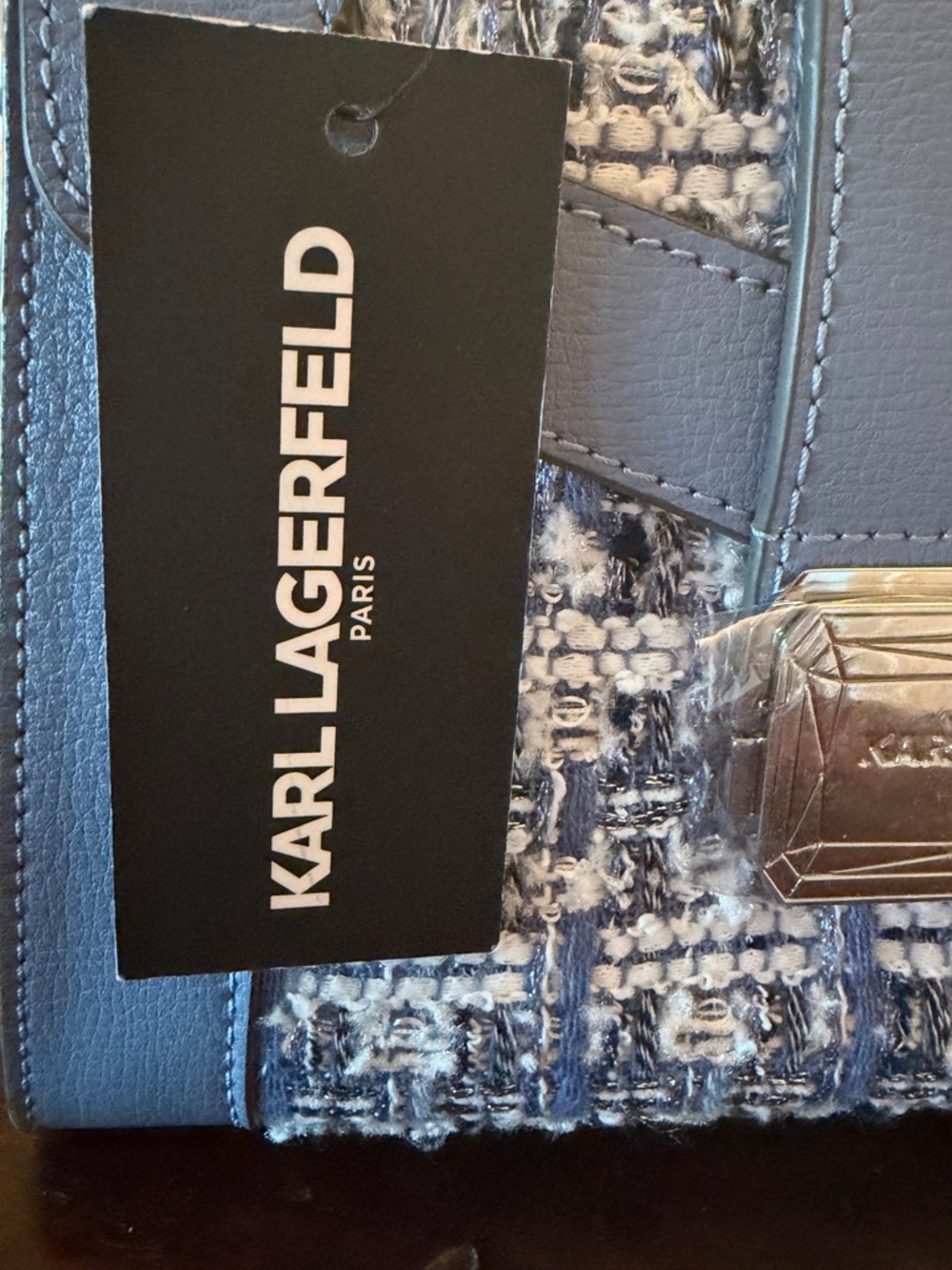 Karl Lagerfeld Light Blue Tweed Top-Handle Mini Bag. MSRP $248.00 - Picture 9 of 13